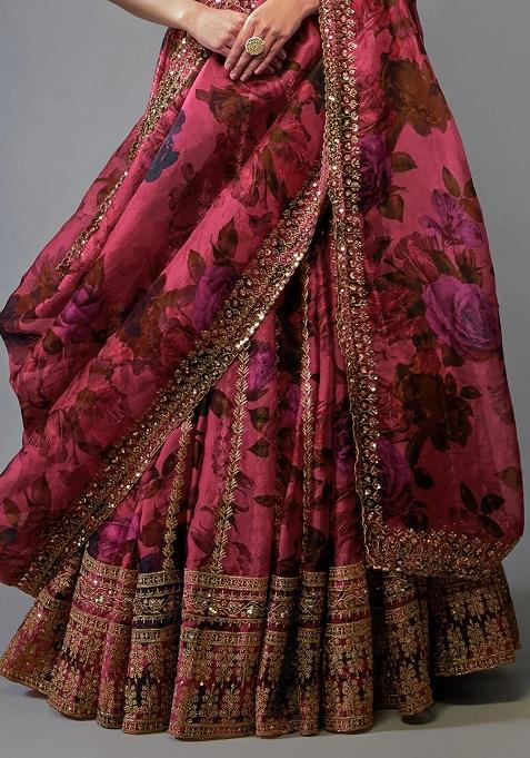 Pink Embroidererd Net Lehenga Set With Dupatta