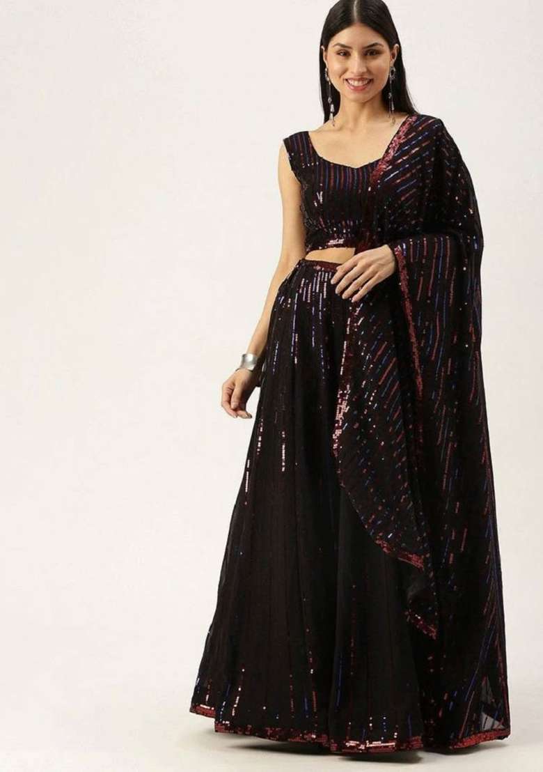 Black Embroidererd Georgette Lehenga Set With Dupatta for Diwali and Festive Wear - Indya