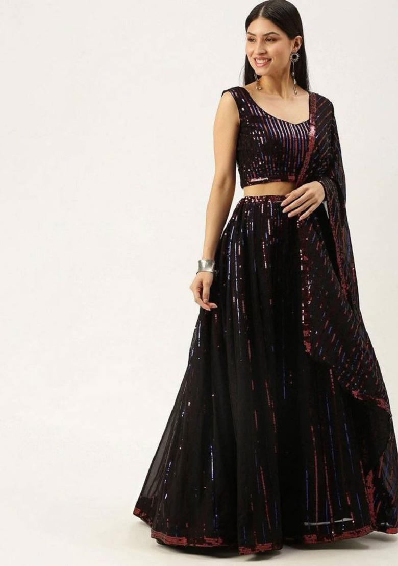 Black Embroidererd Georgette Lehenga Set With Dupatta