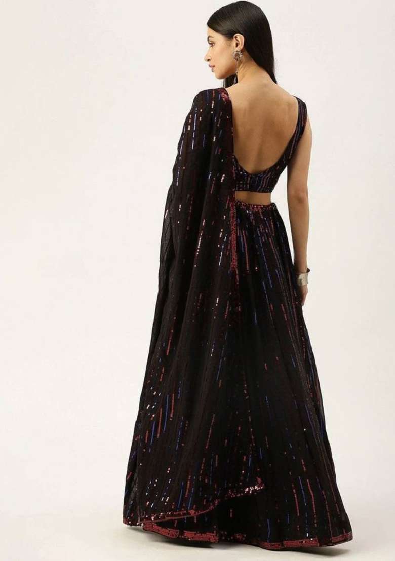 Black Embroidererd Georgette Lehenga Set With Dupatta for Diwali and Festive Wear - Indya