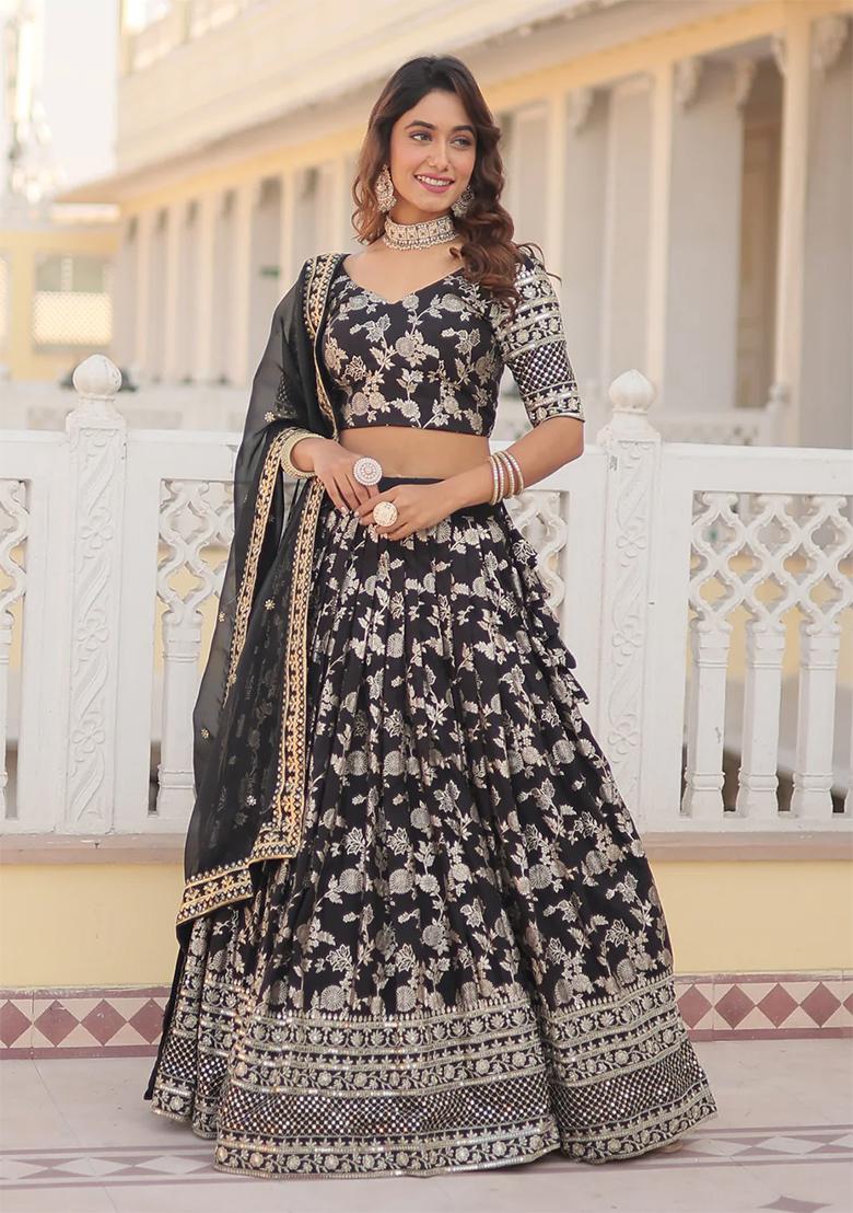 Black Embroidererd Silk Lehenga Set With Dupatta