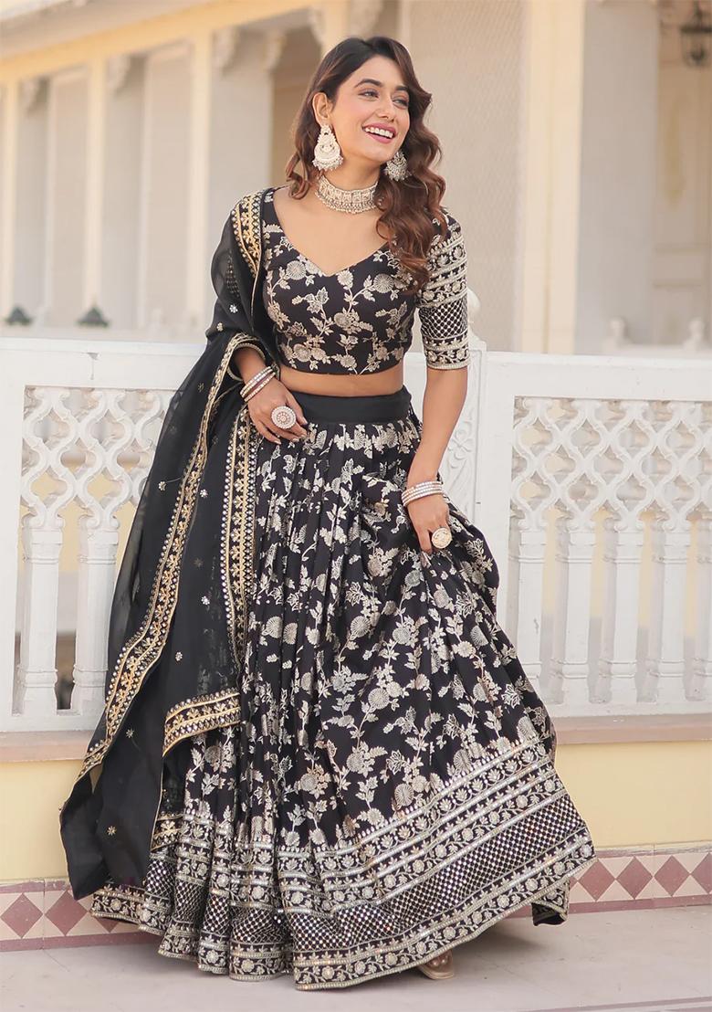 Black Embroidererd Silk Lehenga Set With Dupatta