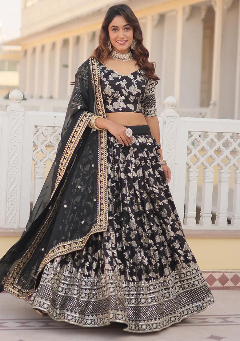 Black Embroidererd Silk Lehenga Set With Dupatta