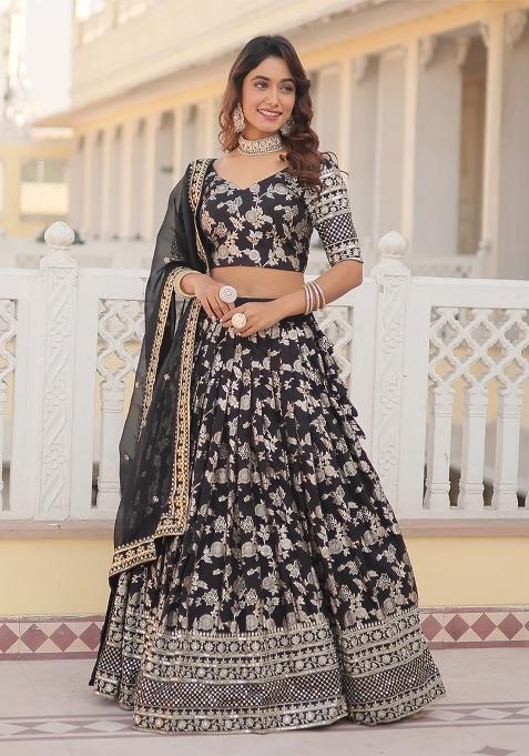 Black Embroidererd Silk Lehenga Set With Dupatta