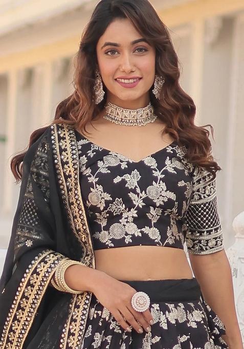 Black Embroidererd Silk Lehenga Set With Dupatta