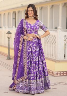 Lavender Embroidererd Silk Lehenga Set With Dupatta