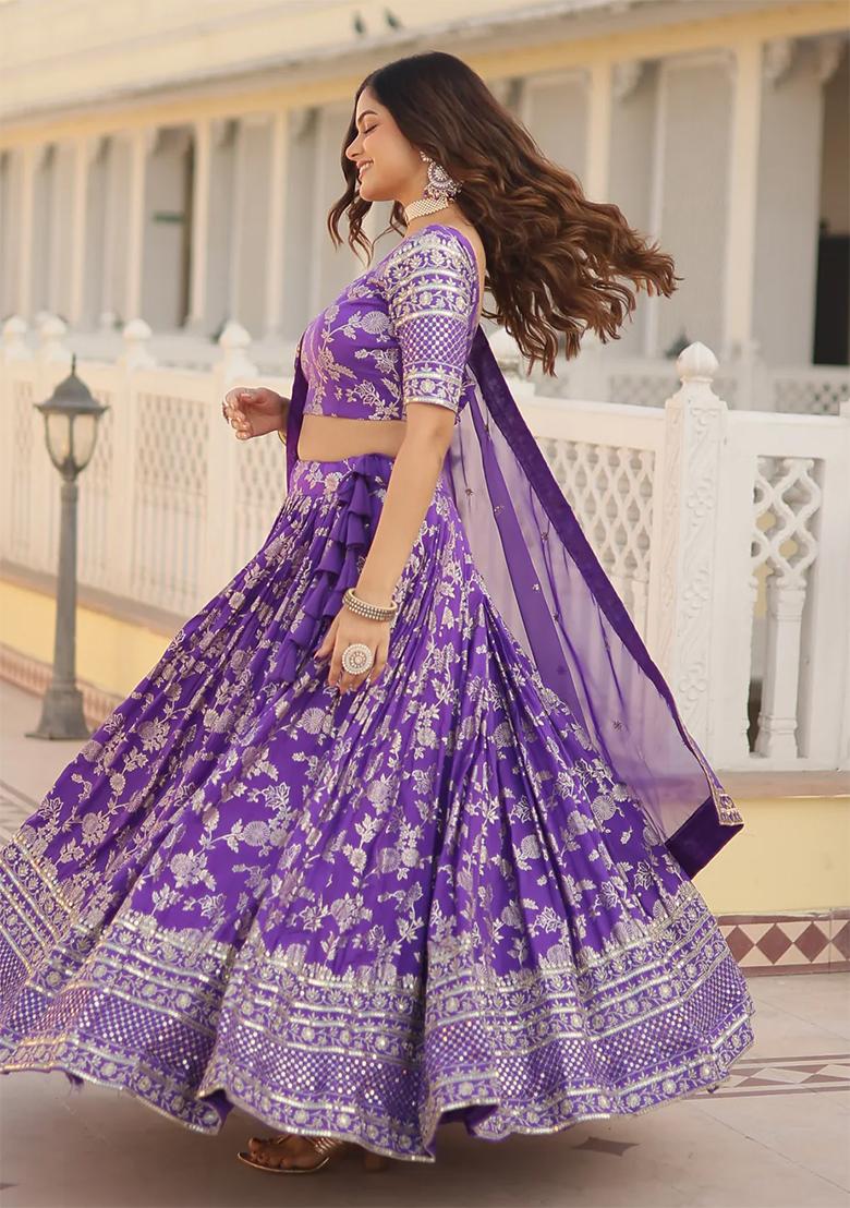 Lavender Embroidererd Silk Lehenga Set With Dupatta