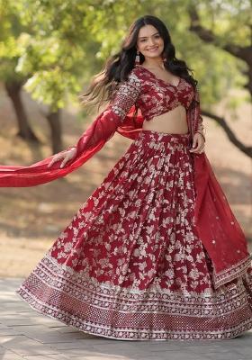 Maroon Embroidererd Silk Lehenga Set With Dupatta
