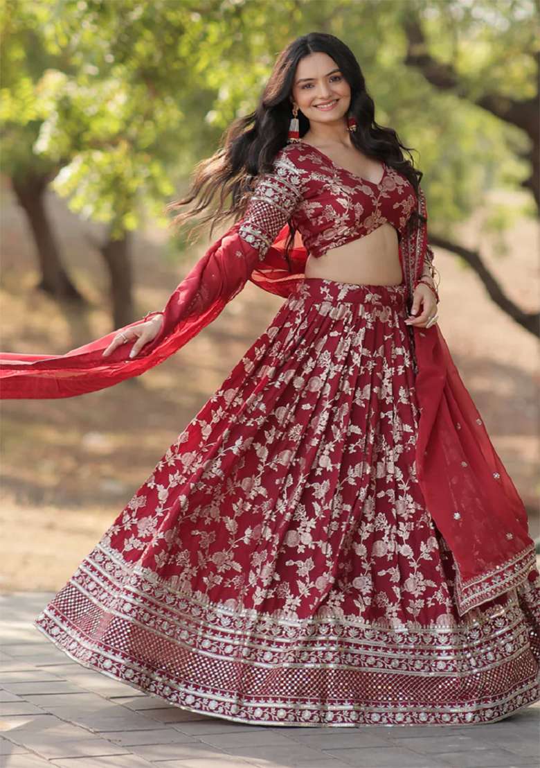 Maroon Embroidererd Silk Lehenga Set With Dupatta - Indya