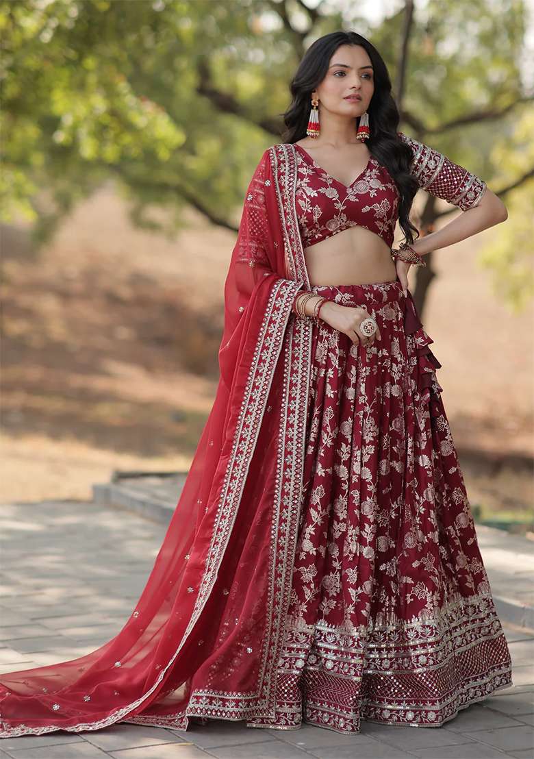 Maroon Embroidererd Silk Lehenga Set With Dupatta - Indya