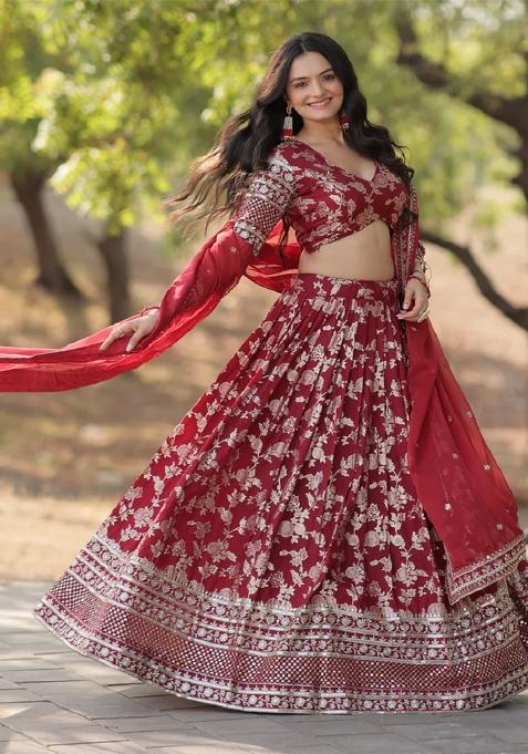 Maroon Embroidererd Silk Lehenga Set With Dupatta