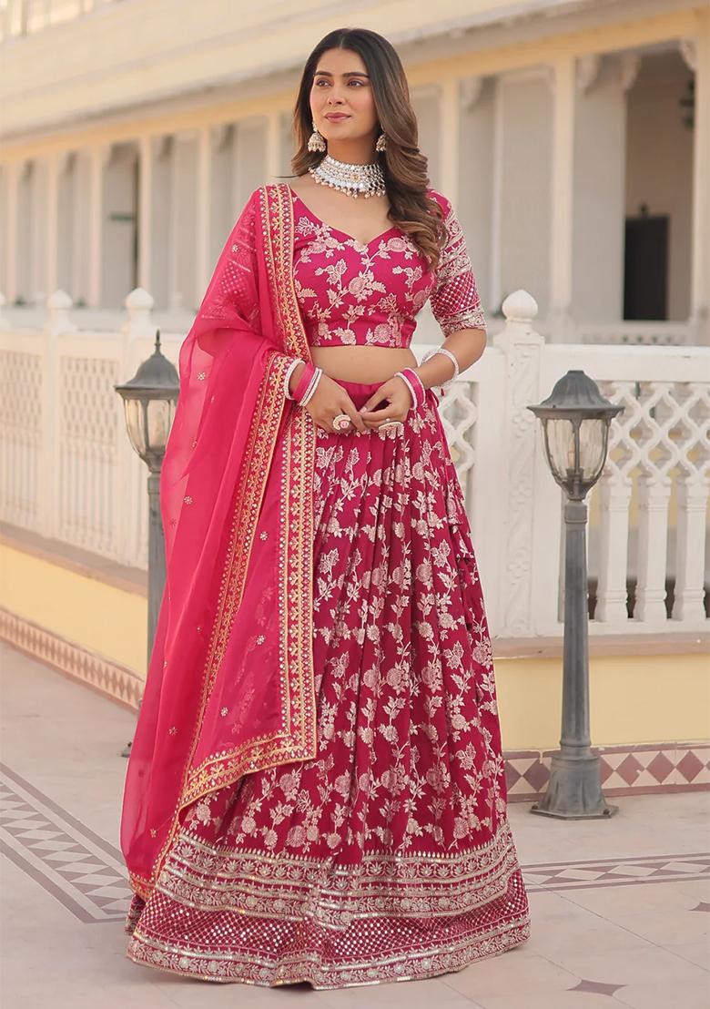 Pink Embroidererd Silk Lehenga Set With Dupatta