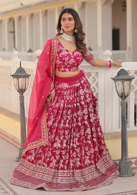 Pink Embroidererd Silk Lehenga Set With Dupatta