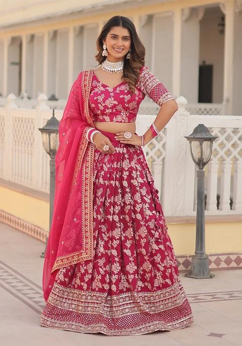 Pink Embroidererd Silk Lehenga Set With Dupatta