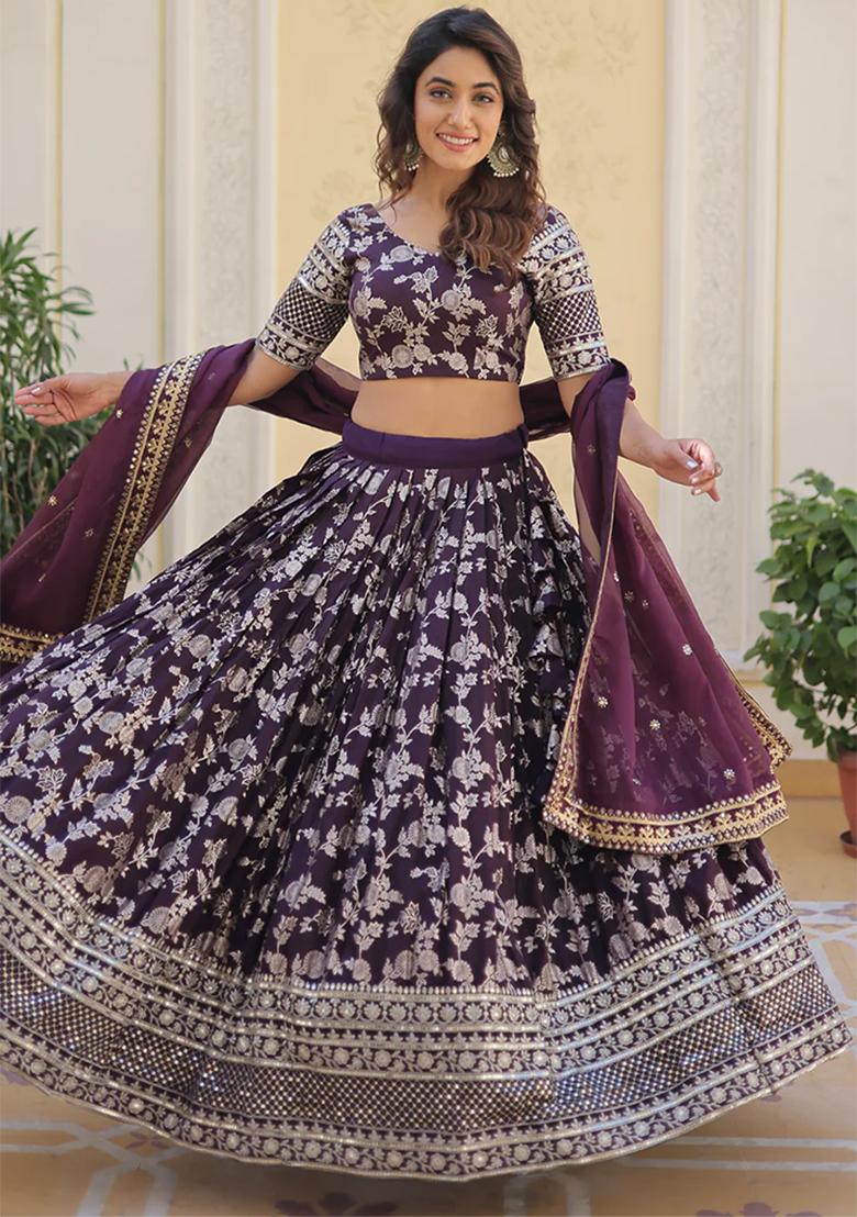 Wine Embroidererd Silk Lehenga Set With Dupatta