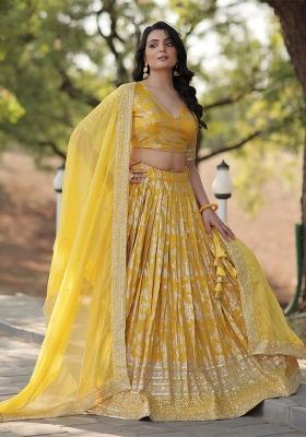 Yellow Embroidererd Silk Lehenga Set With Dupatta