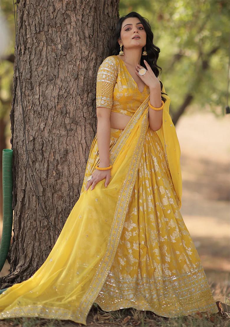 Yellow Embroidererd Silk Lehenga Set With Dupatta