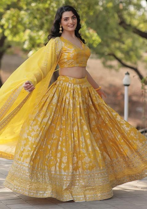Yellow Embroidererd Silk Lehenga Set With Dupatta