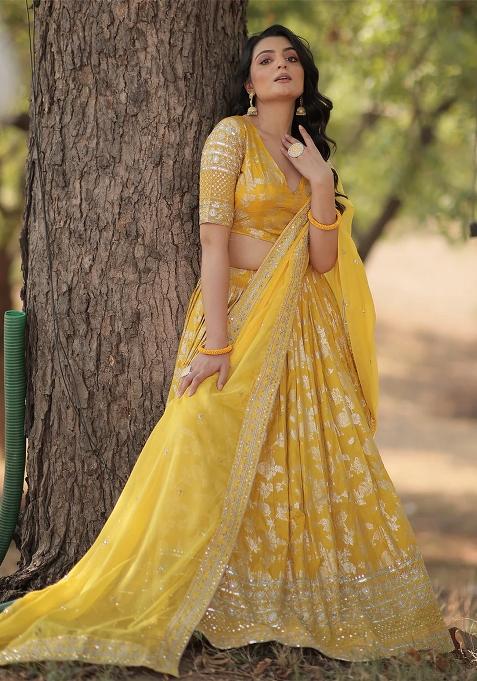 Yellow Embroidererd Silk Lehenga Set With Dupatta