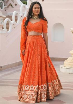 Orange Embroidererd Georgette Lehenga Set With Dupatta