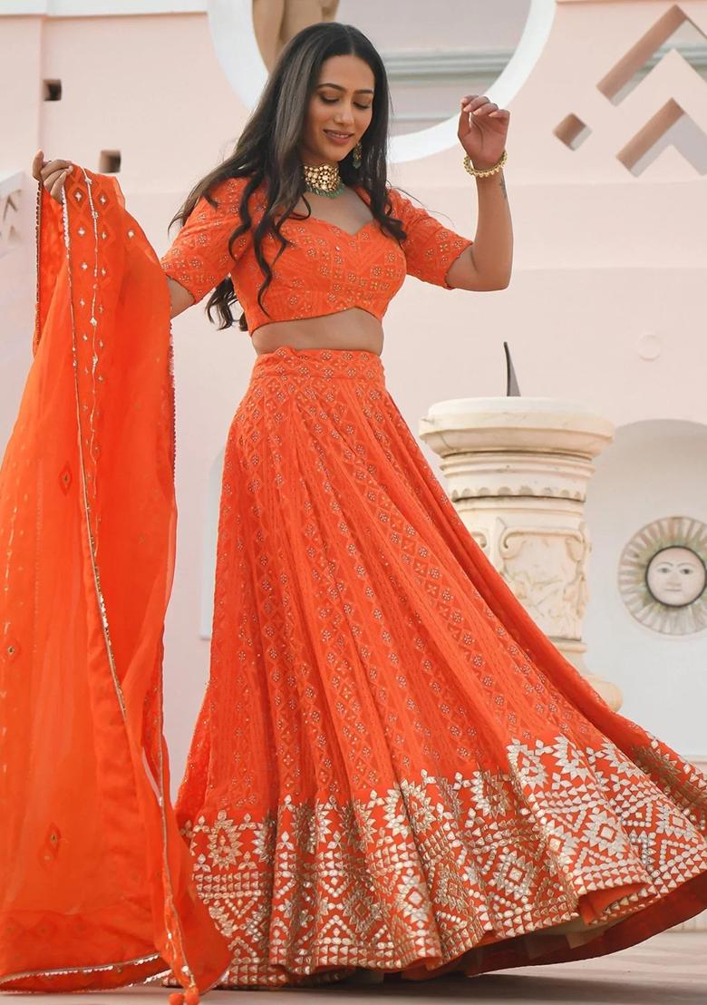 Orange Embroidererd Georgette Lehenga Set With Dupatta