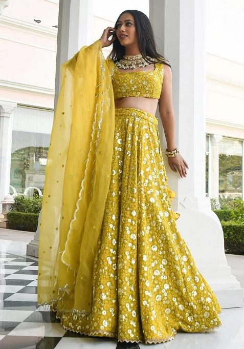 Yellow Embroidererd Georgette Lehenga Set With Dupatta
