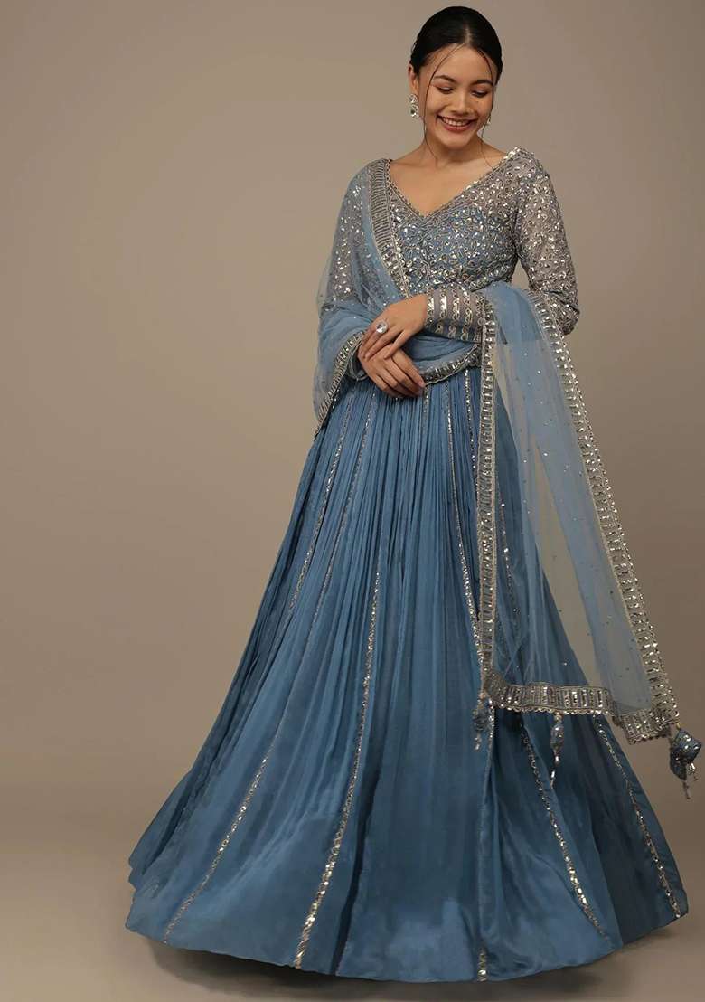 Blue Embroidererd Georgette Lehenga Set With Dupatta for Diwali and Festive Wear - Indya