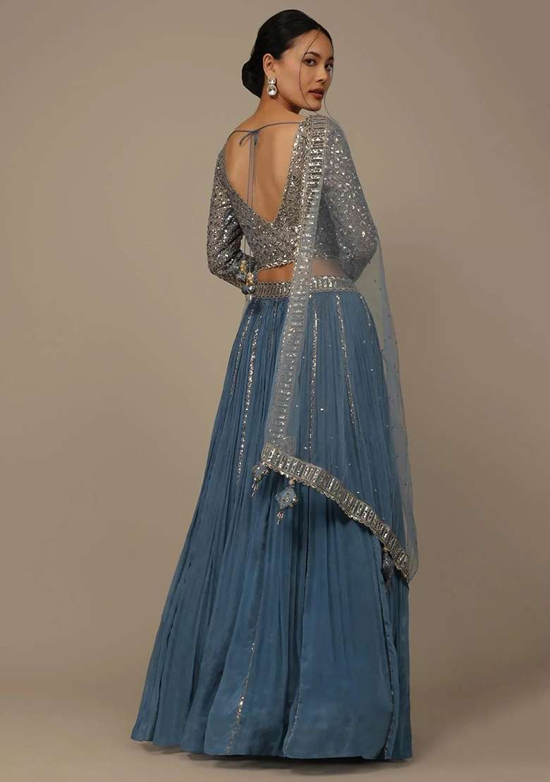 Blue Embroidererd Georgette Lehenga Set With Dupatta for Diwali and Festive Wear - Indya