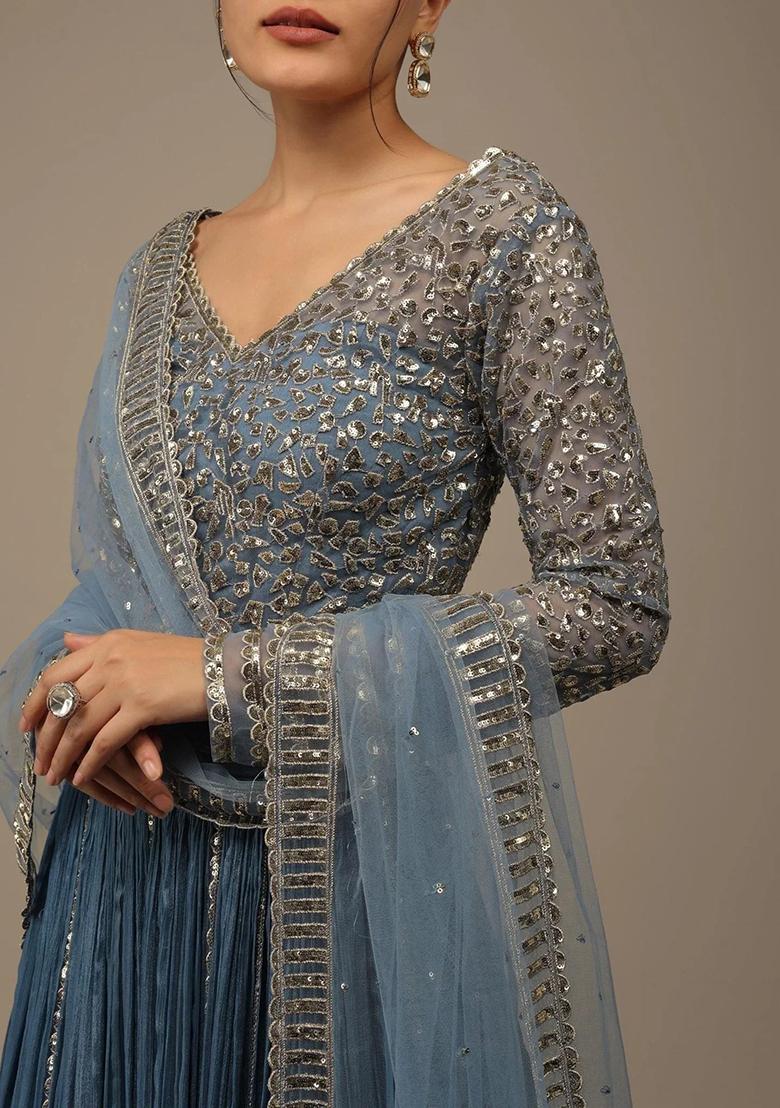 Blue Embroidererd Georgette Lehenga Set With Dupatta