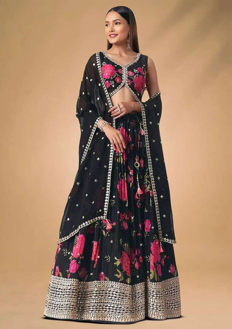 Black Embroidererd Chinnon Lehenga Set With Dupatta for Diwali and Festive Wear - Indya
