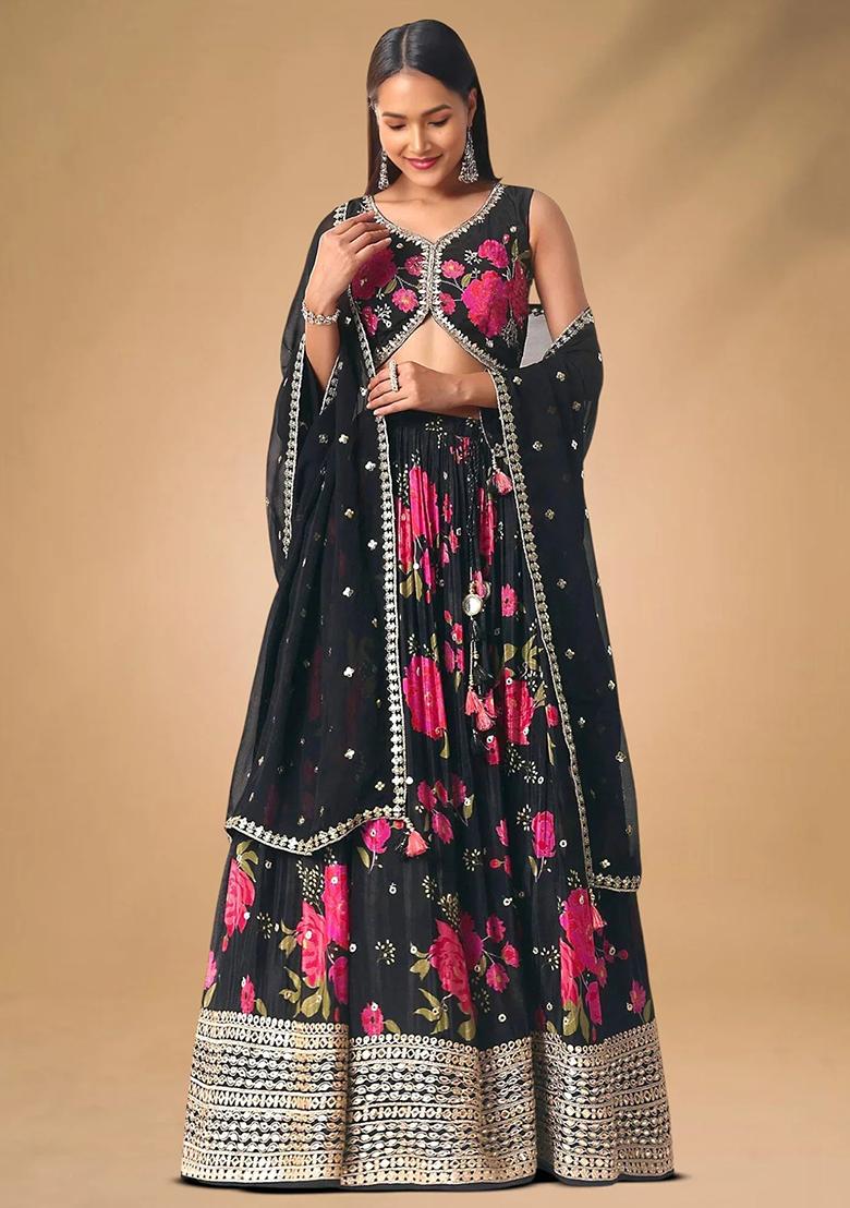 Black Embroidererd Chinnon Lehenga Set With Dupatta
