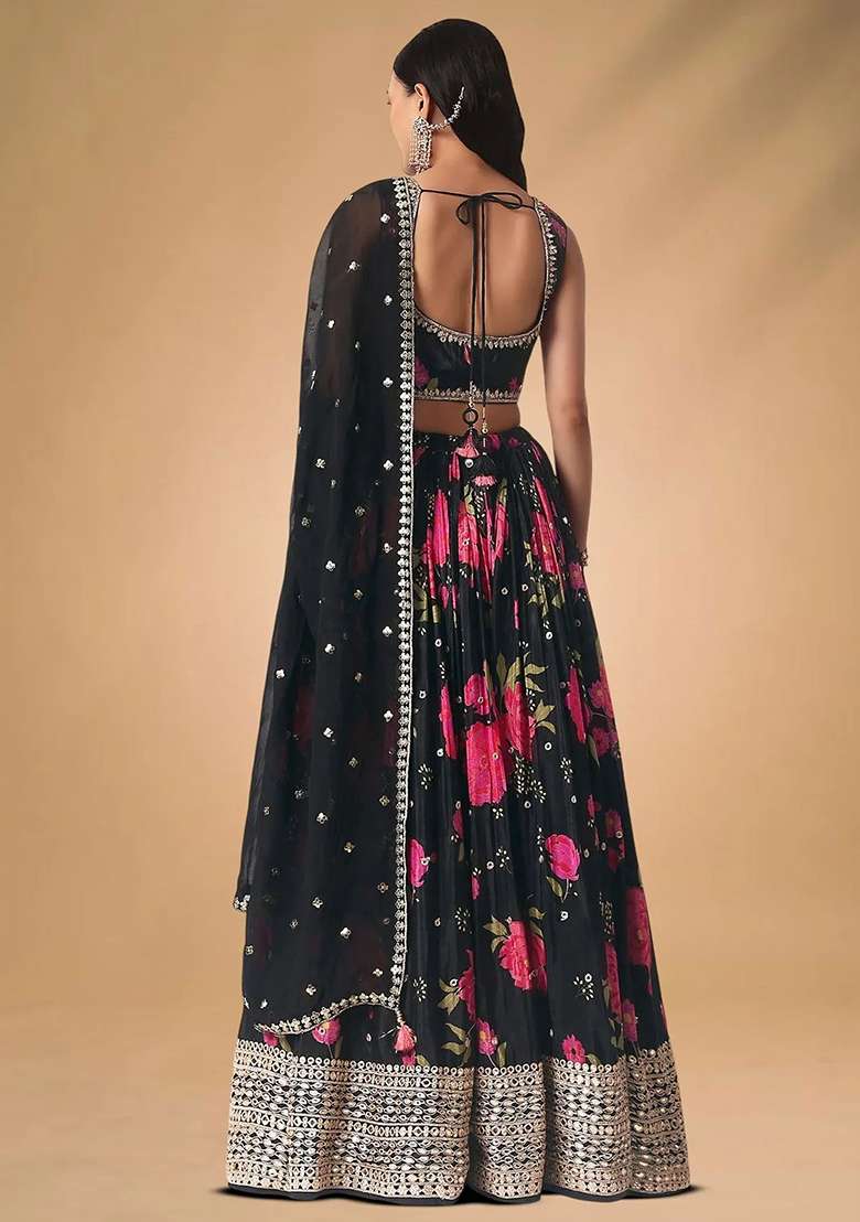 Black Embroidererd Chinnon Lehenga Set With Dupatta for Diwali and Festive Wear - Indya