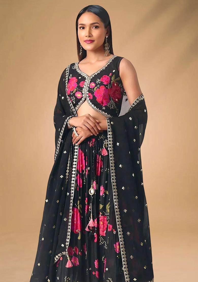 Black Embroidererd Chinnon Lehenga Set With Dupatta