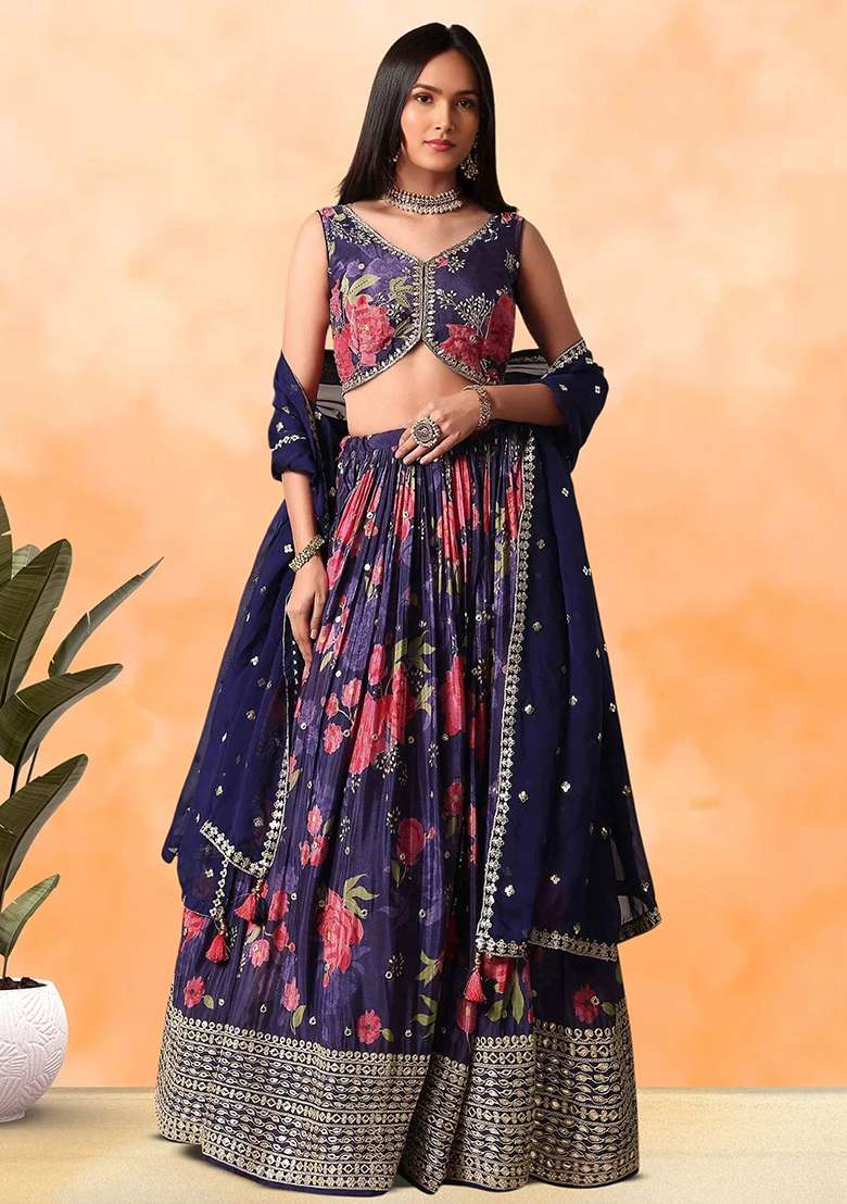 Purple Embroidererd Chinnon With Dupatta Lehenga Set for Diwali | Wedding & Festive Wear - Indya