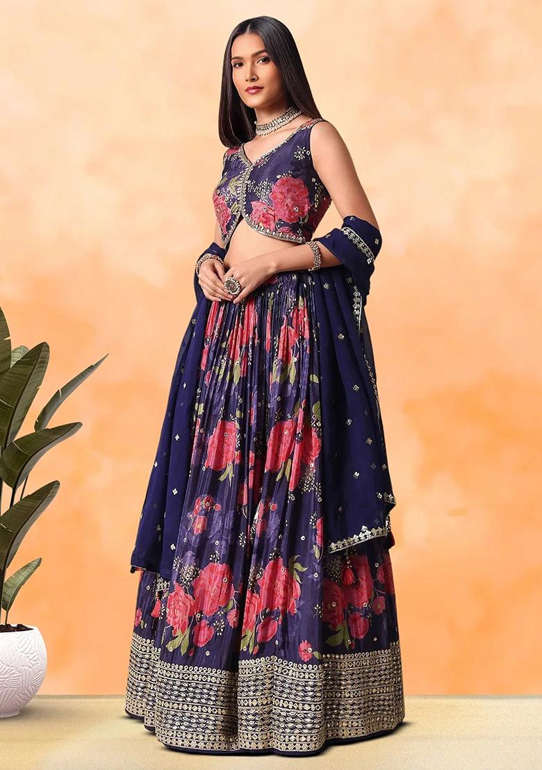 Purple Embroidererd Chinnon Lehenga Set With Dupatta