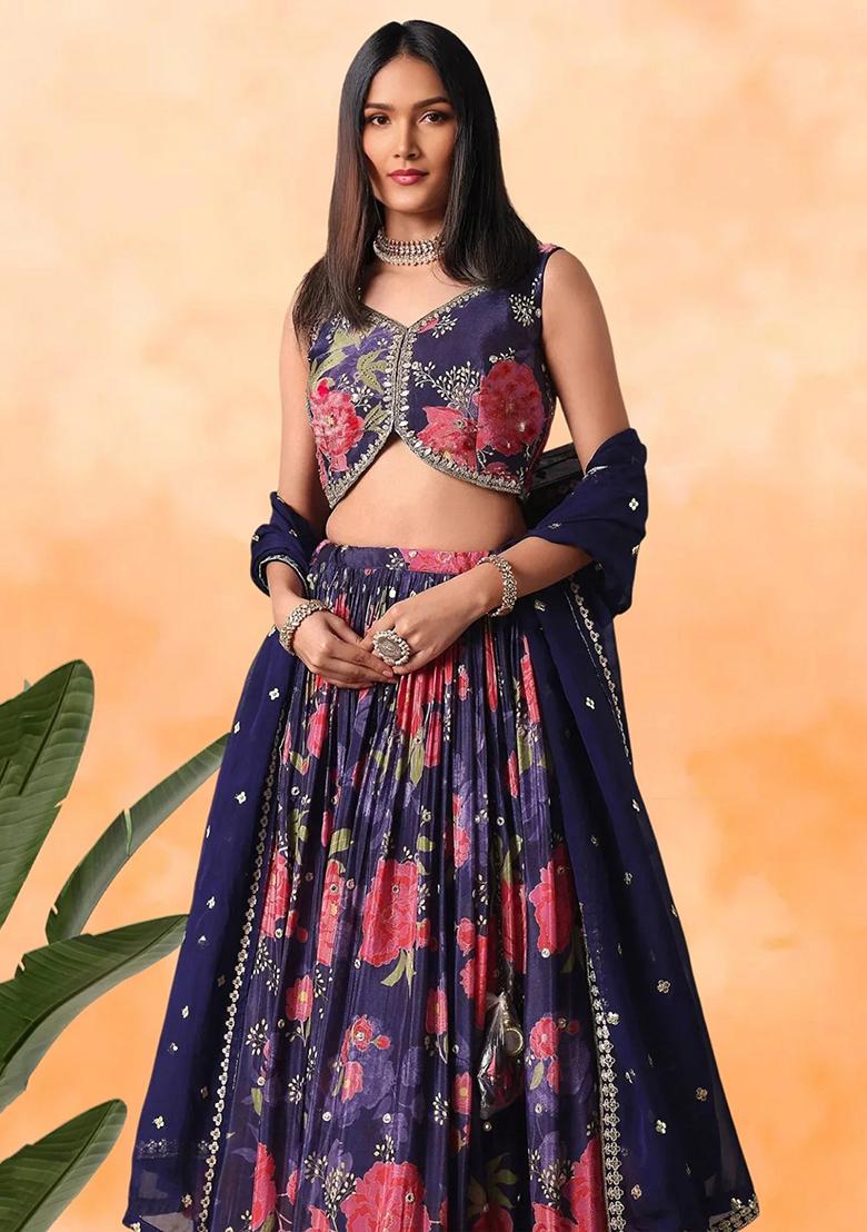 Purple Embroidererd Chinnon Lehenga Set With Dupatta