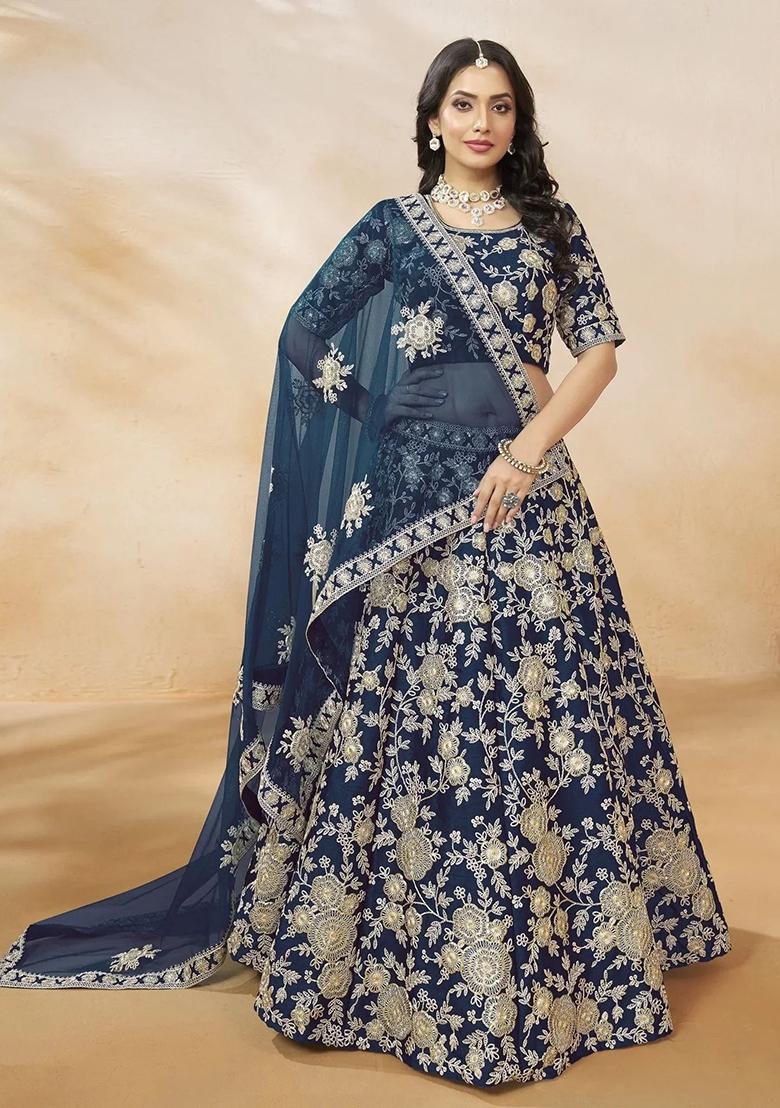 Navy Blue Embroidererd Silk Lehenga Set With Dupatta
