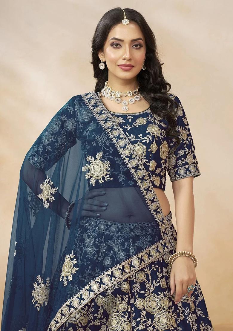 Navy Blue Embroidererd Silk Lehenga Set With Dupatta