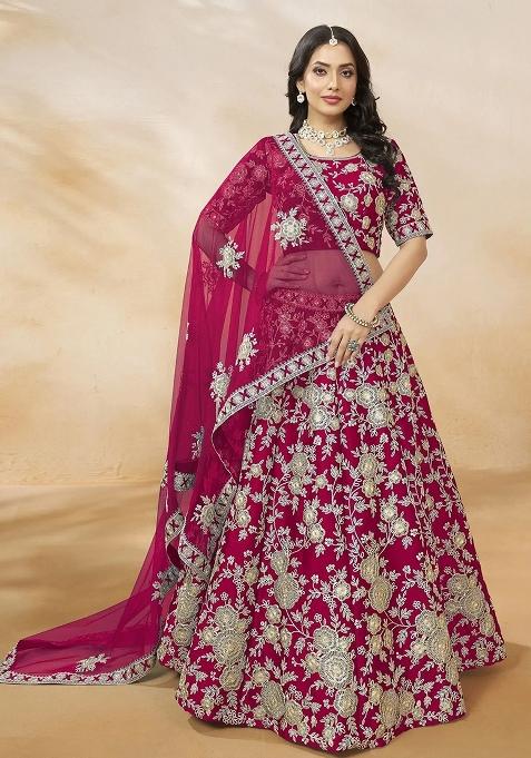 Pink Embroidererd Silk Lehenga Set With Dupatta