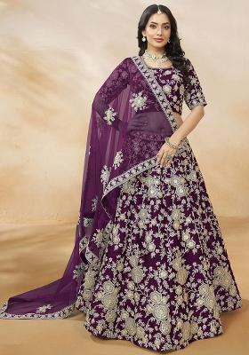 Purple Embroidererd Silk Lehenga Set With Dupatta