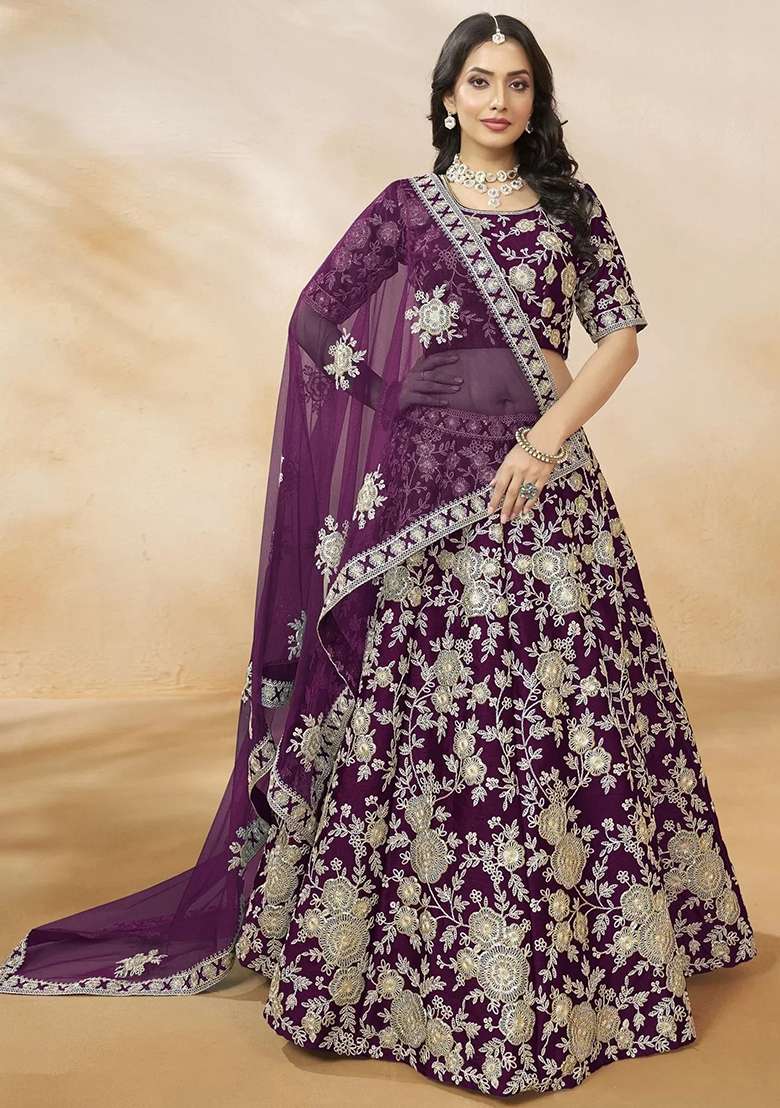 Purple Embroidererd Silk Blend Lehenga Set With Dupatta - Indya