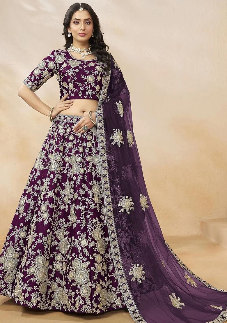Purple Embroidererd Silk Lehenga Set With Dupatta