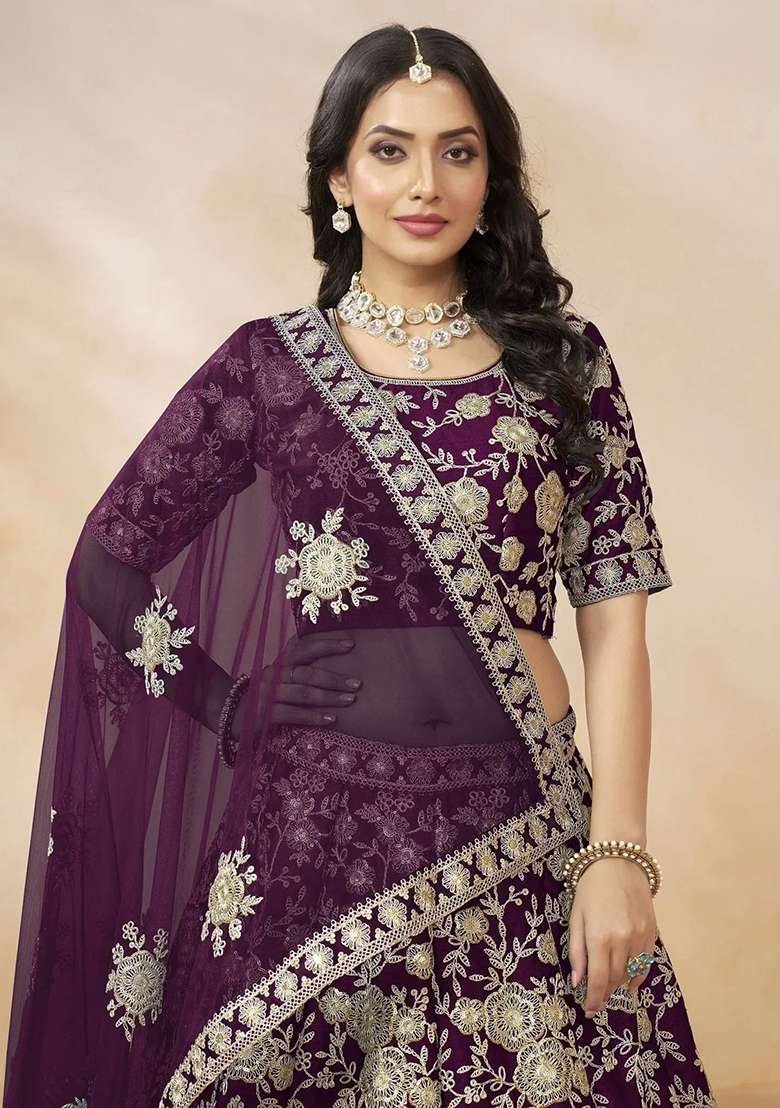 Purple Embroidererd Silk Blend Lehenga Set With Dupatta - Indya