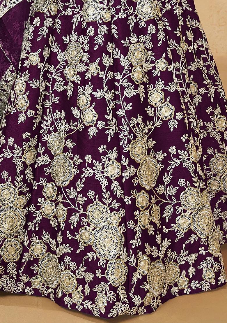 Purple Embroidererd Silk Lehenga Set With Dupatta