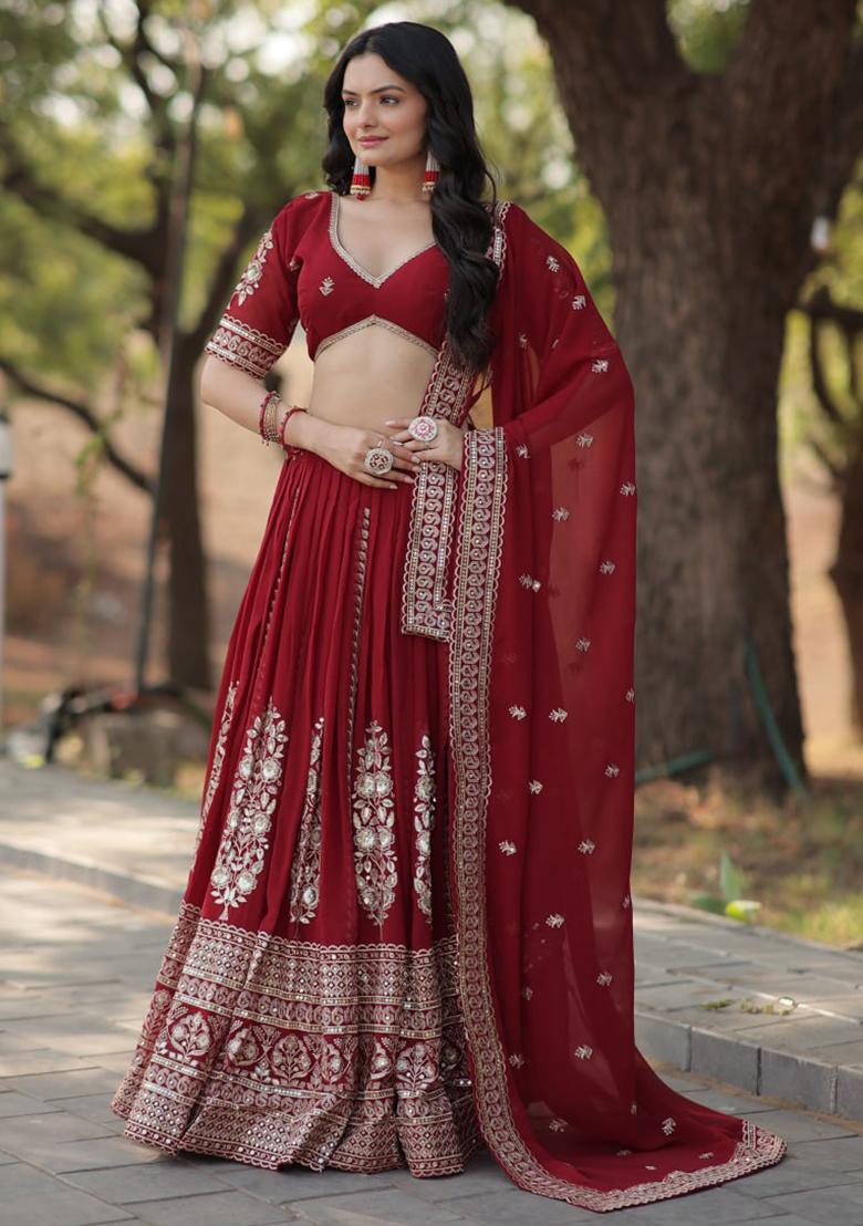 Maroon Sequin Embroidered Faux Blooming Georgette Lehenga Set