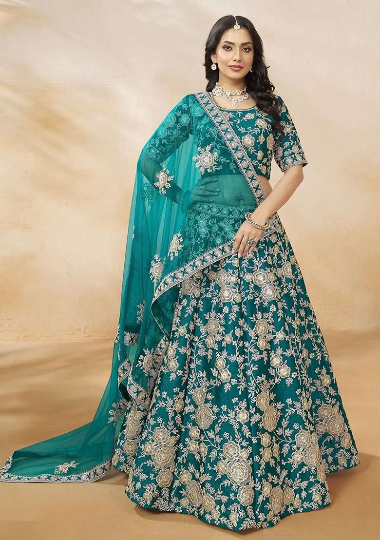 Green Embroidererd Silk Blend Lehenga Set With Dupatta - Indya