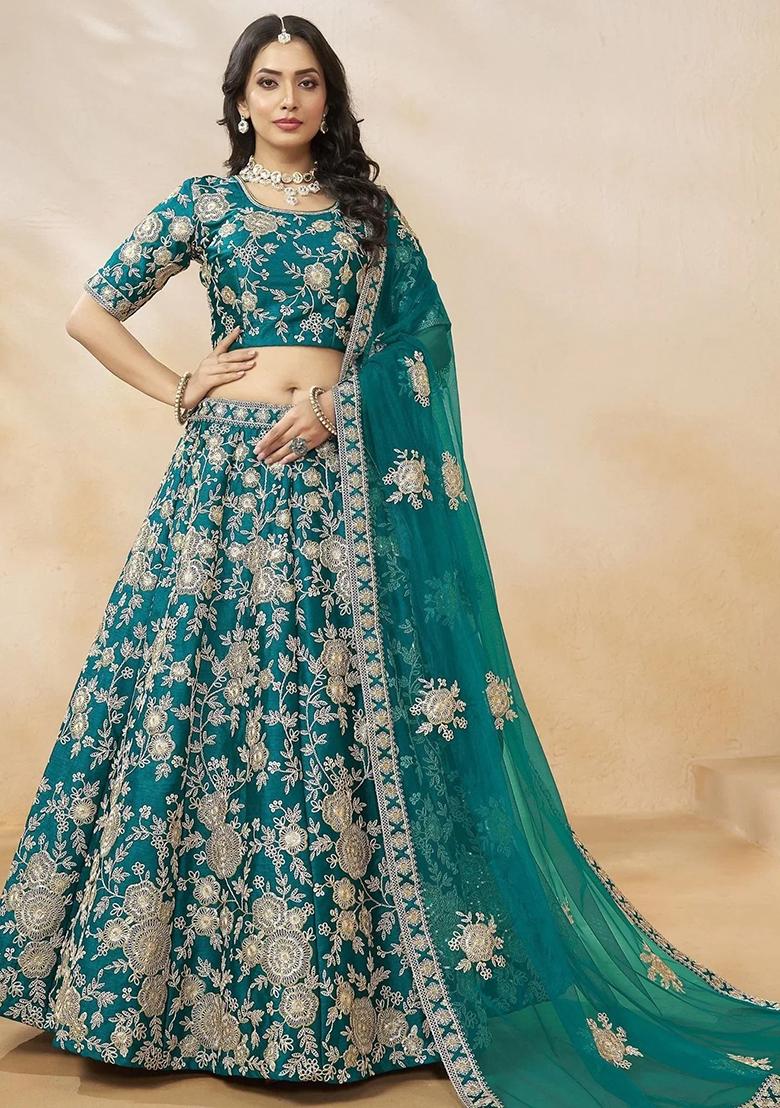 Green Embroidererd Silk Lehenga Set With Dupatta