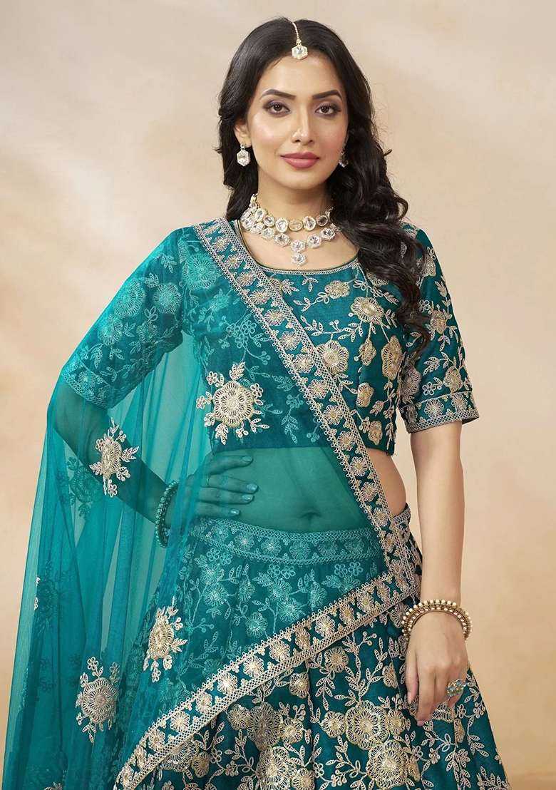 Green Embroidererd Silk Blend Lehenga Set With Dupatta - Indya