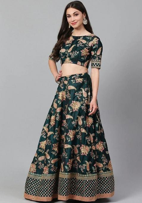 Green Embroidererd Silk Lehenga Set With Dupatta
