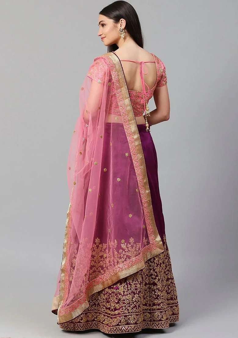 Purple Embroidererd Silk Blend Lehenga Set With Dupatta for Diwali and Festive Wear - Indya